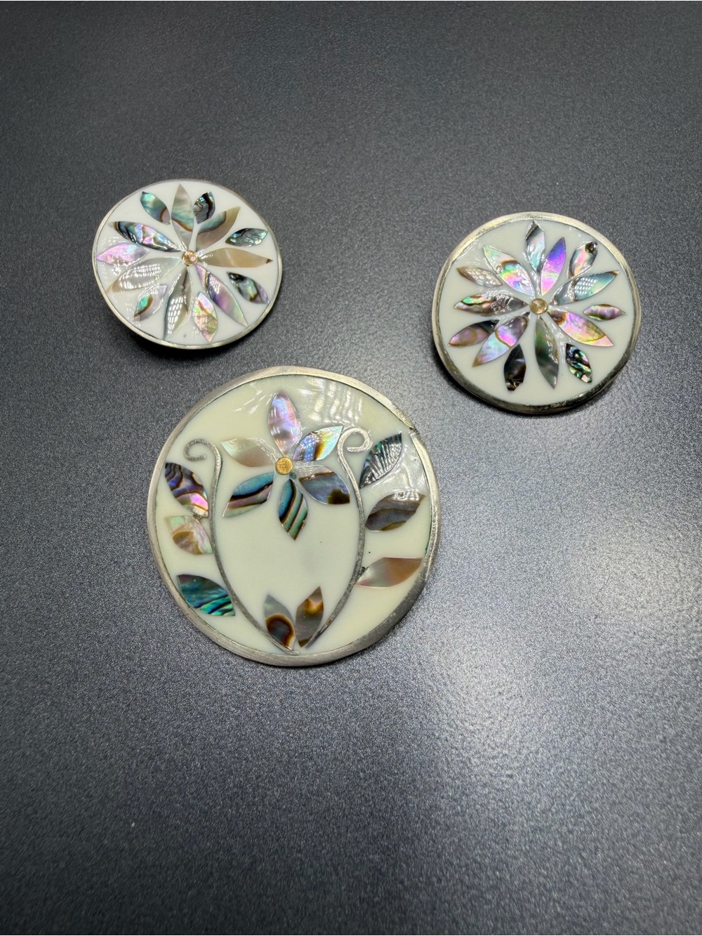 👍50%off Vintage Alpaca Silver and Abalone Shell Brooch Set clip earrings #13SET